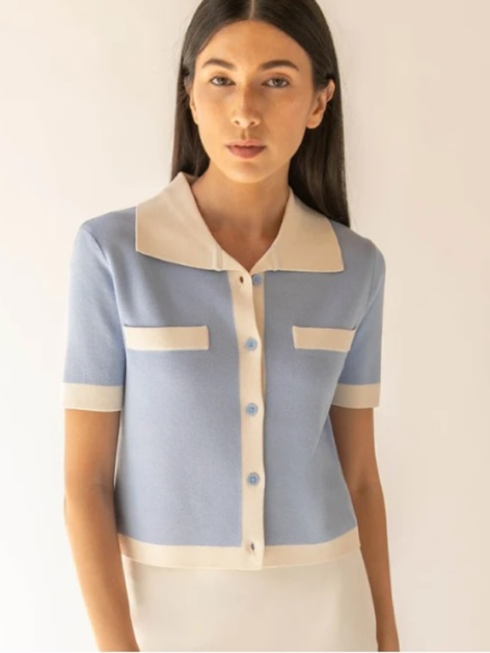 🩵Colour-block Polo Periwinkle Cream Short Sleeve Knit Shirt Vintage Inspired